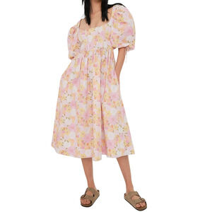 For Love & Lemons Carrie Midi Dress Puff Sleeve Pink Yellow Floral Corset Small